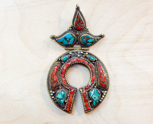 Crescent Crown Turquoise & Coral Inlay Brass Pendant – Handmade in Nepal
