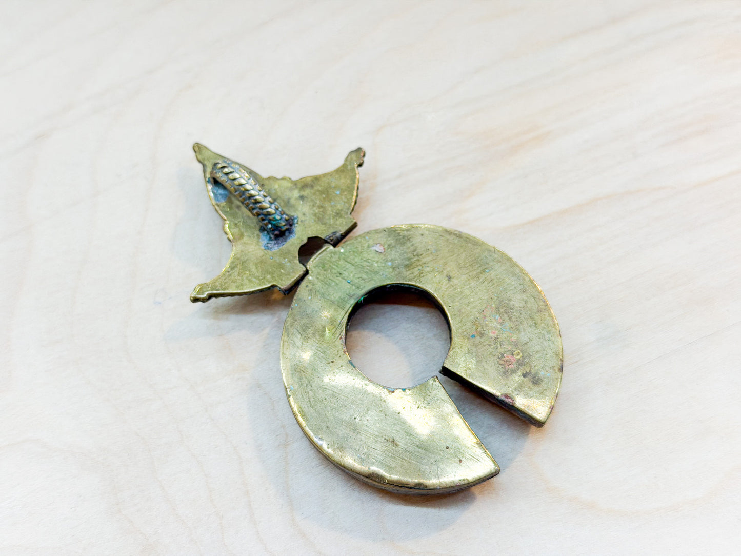 Crescent Crown Turquoise & Coral Inlay Brass Pendant – Handmade in Nepal