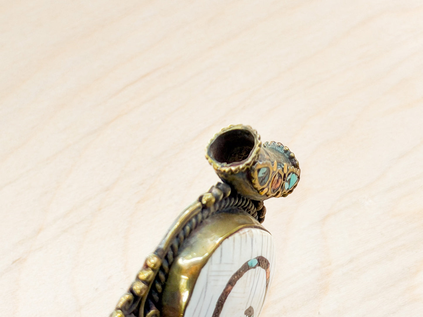 Sacred Conch Shell Pendant with Turquoise & Coral Inlay – Handmade Brass Amulet from Nepal