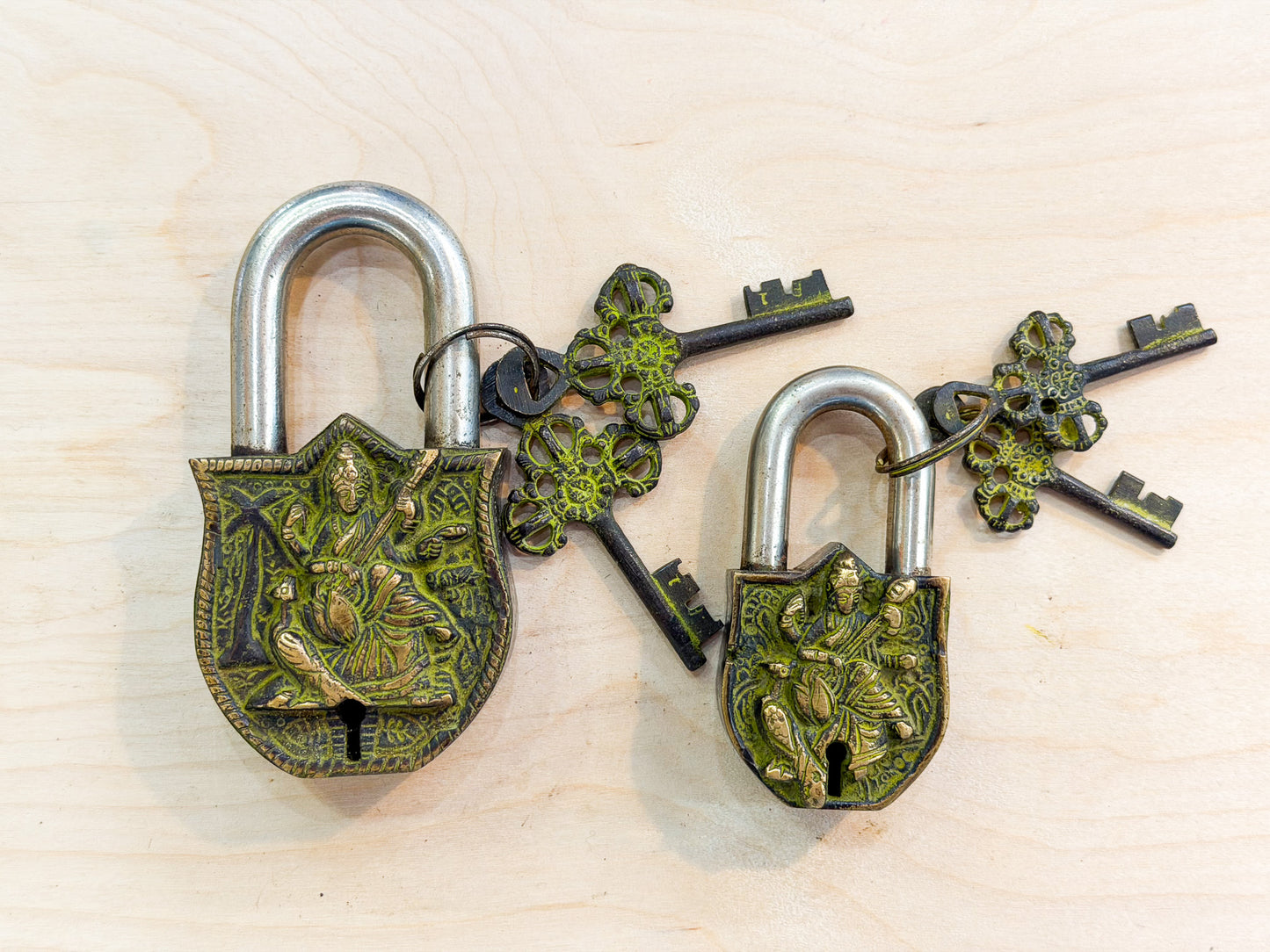 Saraswati Brass Padlock – Handmade Spiritual Lock from Nepal (Large & Small)