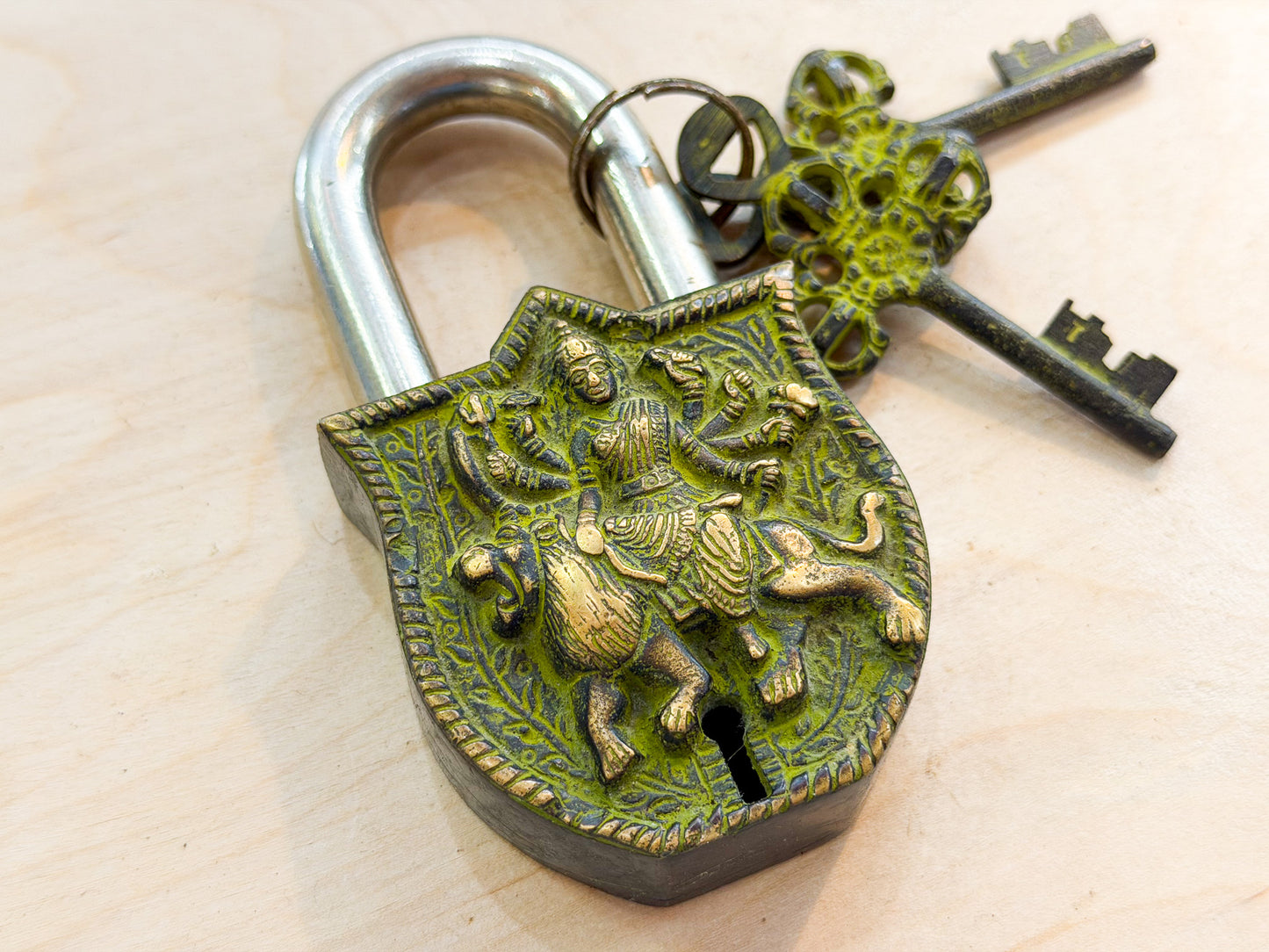 Goddess Durga Brass Padlock – Handmade Protective Lock from Nepal