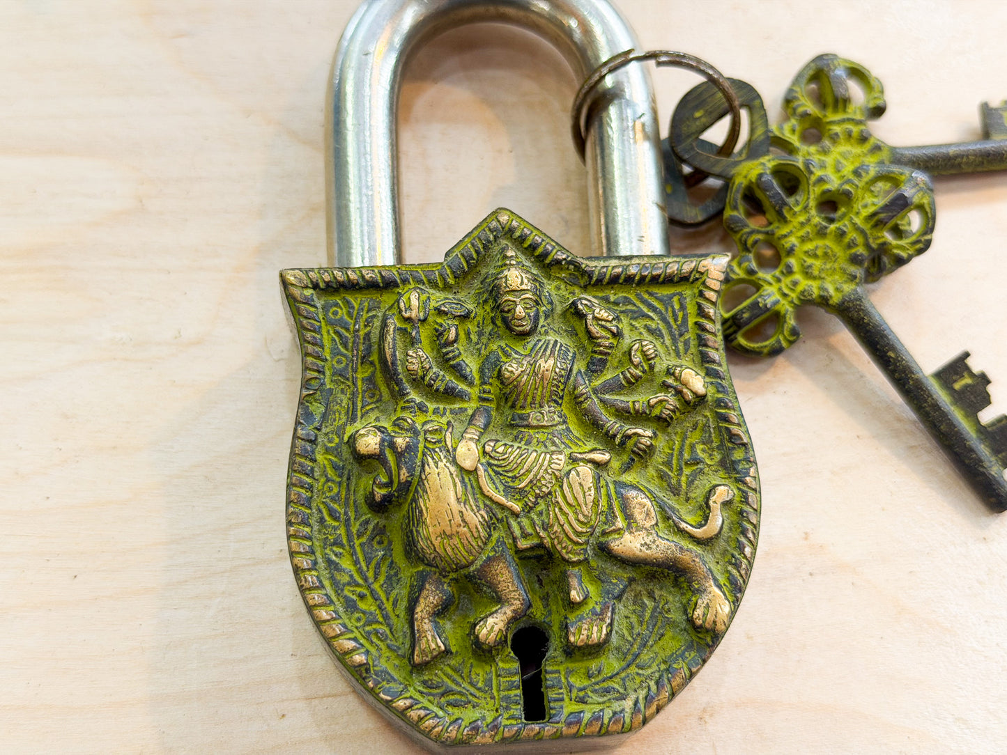 Goddess Durga Brass Padlock – Handmade Protective Lock from Nepal
