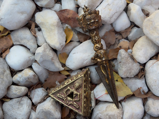Handcrafted Brass Phurba with Stand – Tibetan Ritual Dagger from Nepal