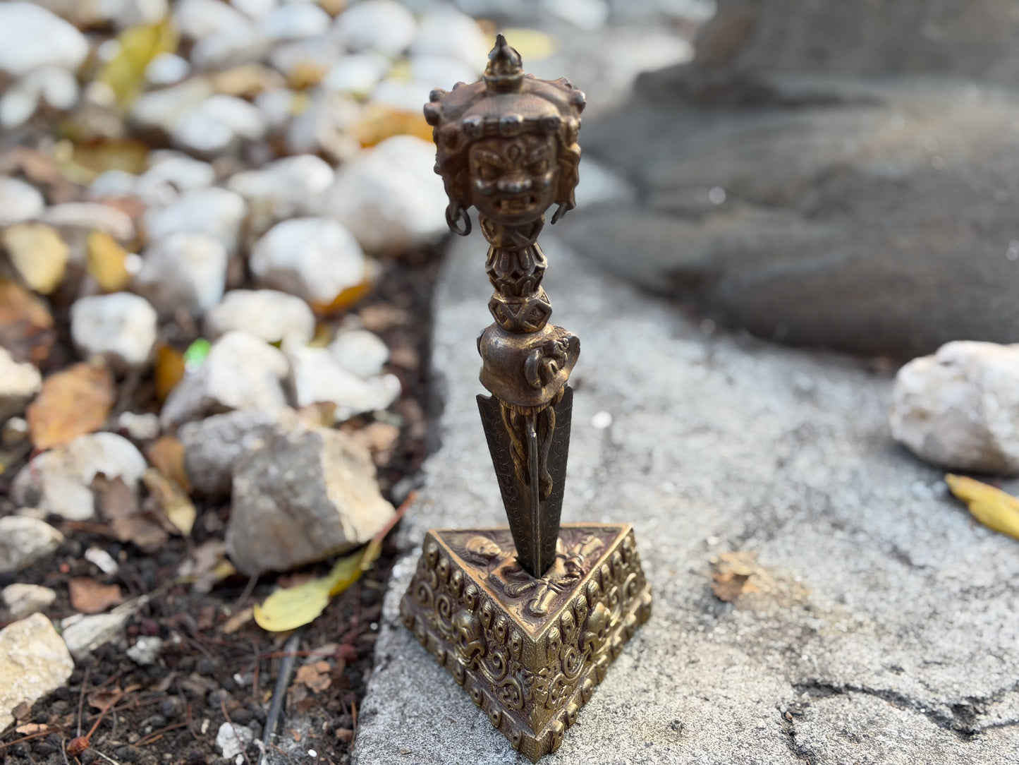 Handcrafted Brass Phurba with Stand – Tibetan Ritual Dagger from Nepal