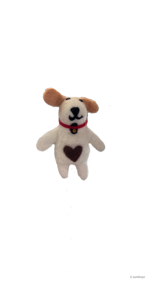 Brown Dog with Heart and Bell Wool Felt Finger Puppet