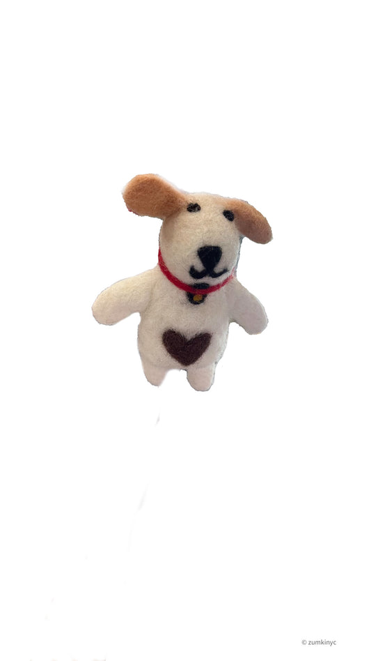 Brown Dog with Heart and Bell Wool Felt Finger Puppet
